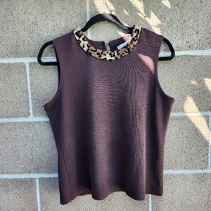 vintage brown leopard print fur collar tank top
